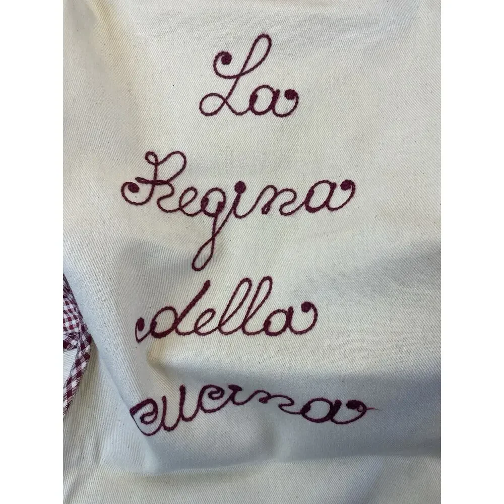 Nonna Embroidered Bib Apron Beige/Maroon Gingham Trim Pocket Cotton One Size